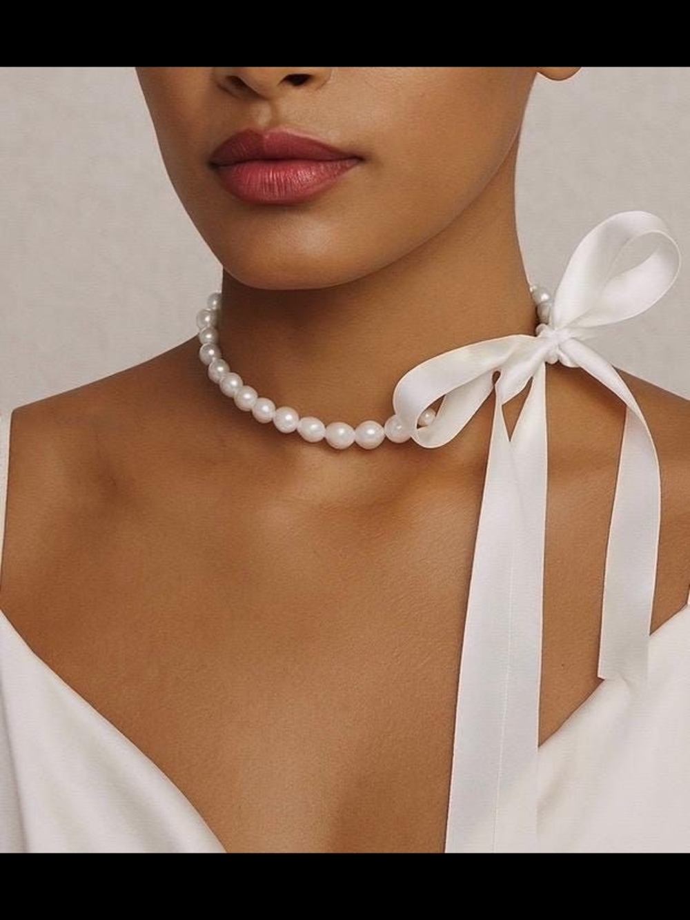 Classic Pearl Choker Necklace with White Ribbon Bow